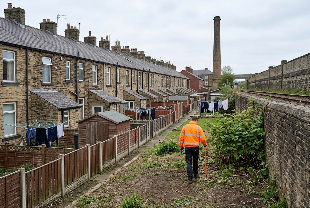 A surveyor marking out a stand along a long terraced garden.
